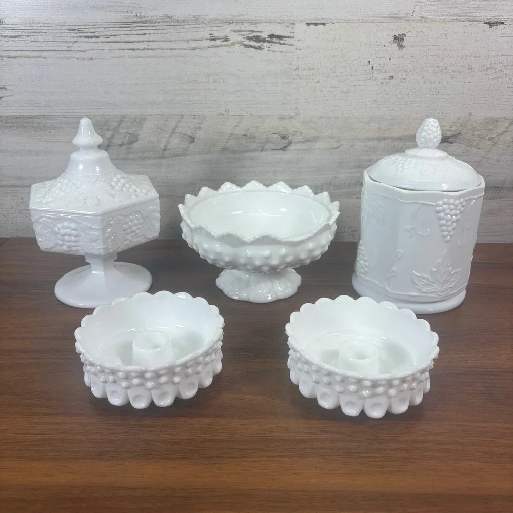 Vintage Fenton Hobnail Milk Glass Candy Dish, Two Candle Holders, Canister Lot 5